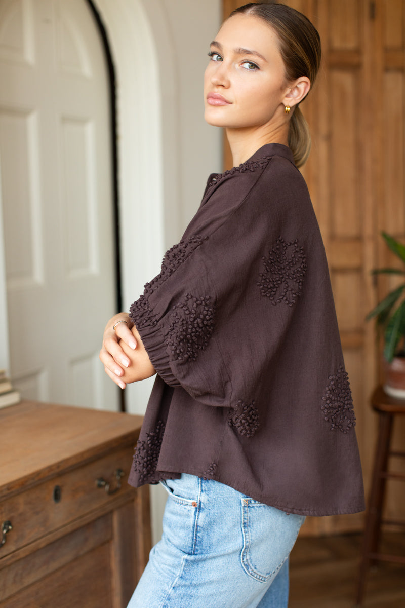 EMERSON FRY Mandarin Collar Top in French Knot Floral Vintage Chestnut