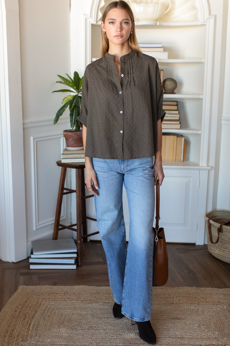EMERSON FRY Mandarin Collar Top in Olive Grove Swiss Dots Organic