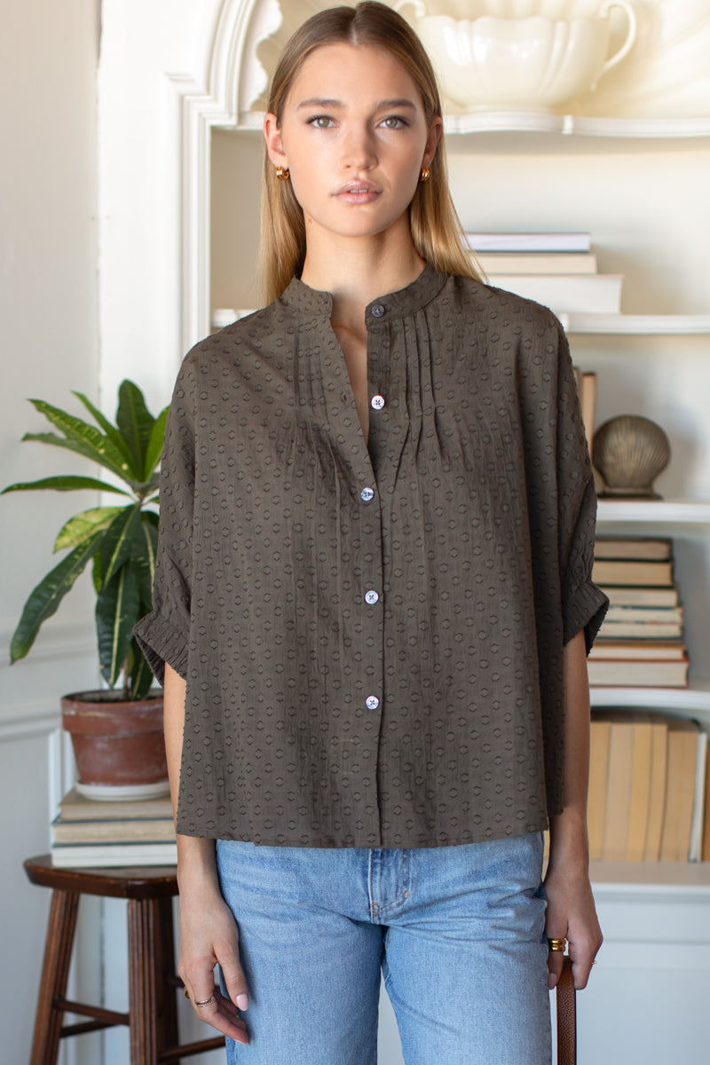 EMERSON FRY Mandarin Collar Top in Olive Grove Swiss Dots Organic