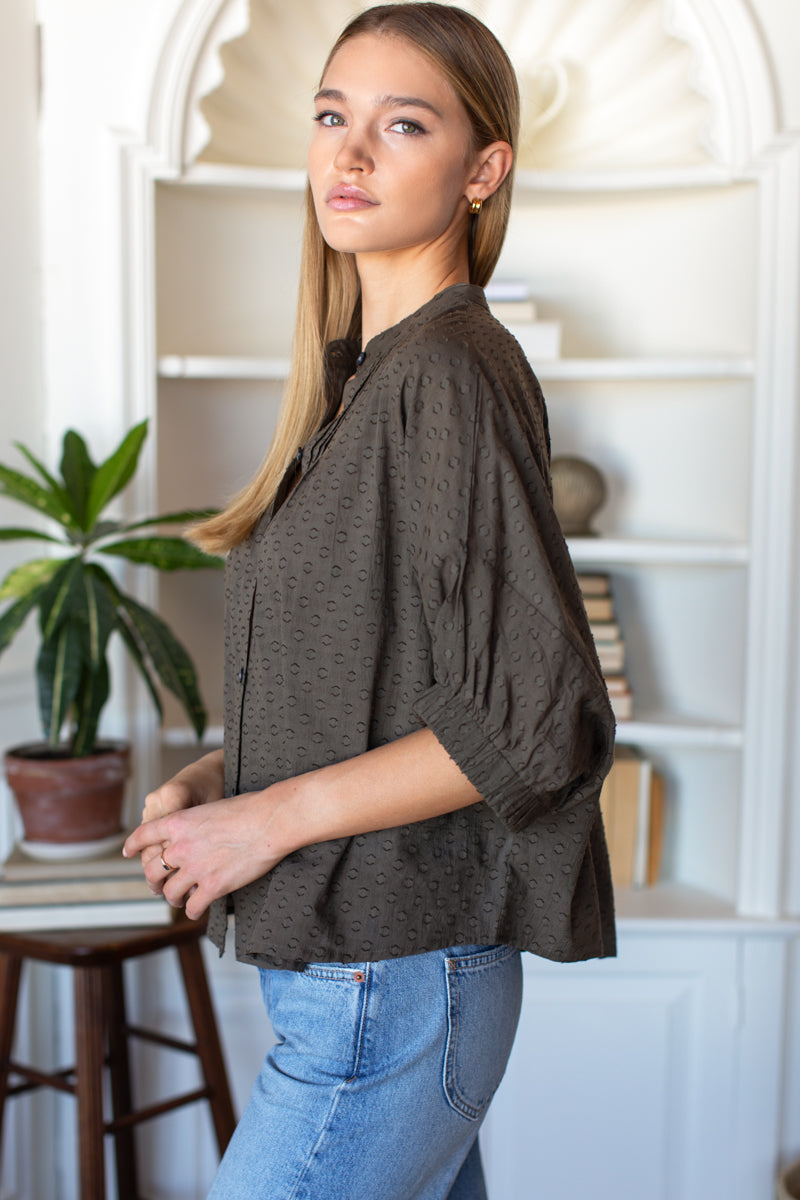 EMERSON FRY Mandarin Collar Top in Olive Grove Swiss Dots Organic