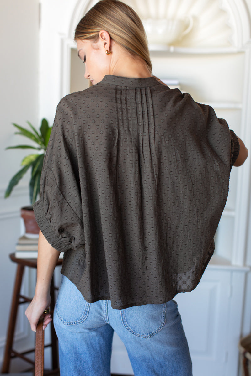 EMERSON FRY Mandarin Collar Top in Olive Grove Swiss Dots Organic