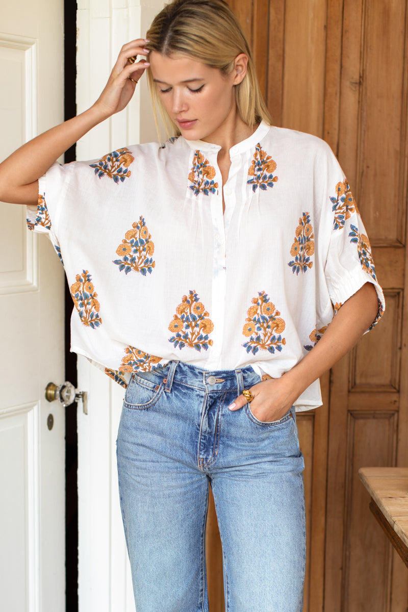 EMERSON FRY Mandarin Collar Top - Tomas Flowers Marigolds Organic