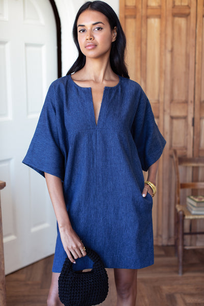 EMERSON FRY Structured Dress Hemp Indigo