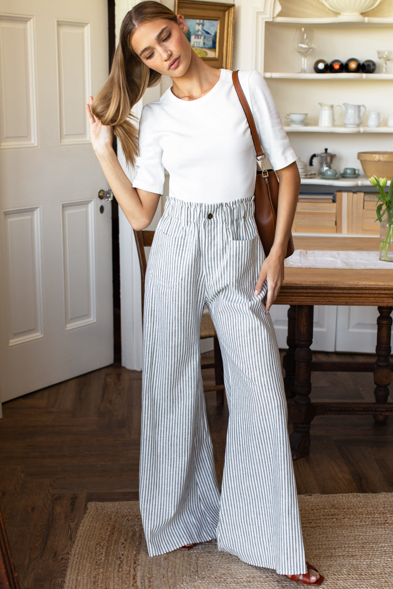 EMERSON FRY Tulip Wide Leg Pant in Juniper Stripe Linen