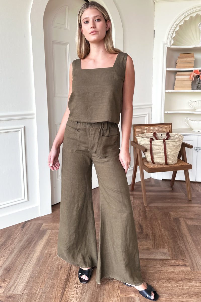 EMERSON FRY Tulip Wide Leg in Martini Olive Linen