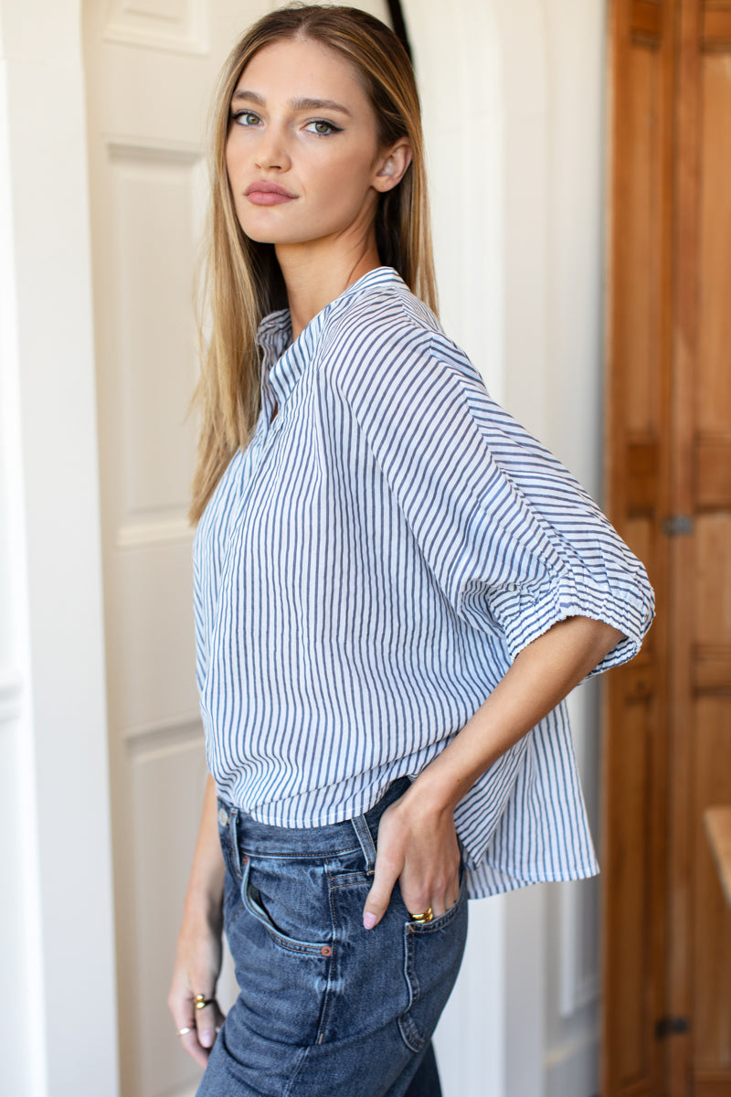 EMERSON FRY Mandarin Collar Top in Indigo Stripe Organic