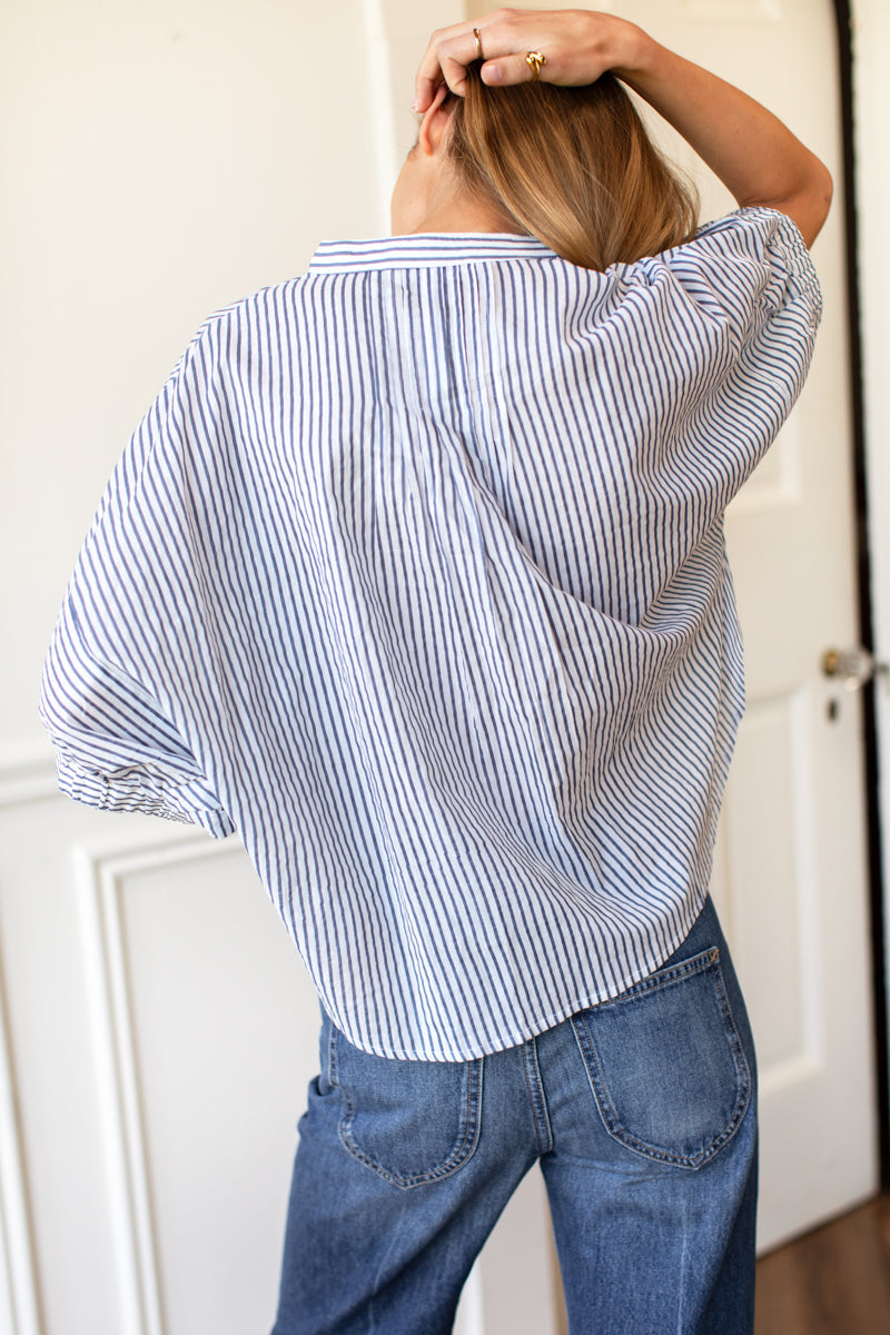 EMERSON FRY Mandarin Collar Top in Indigo Stripe Organic
