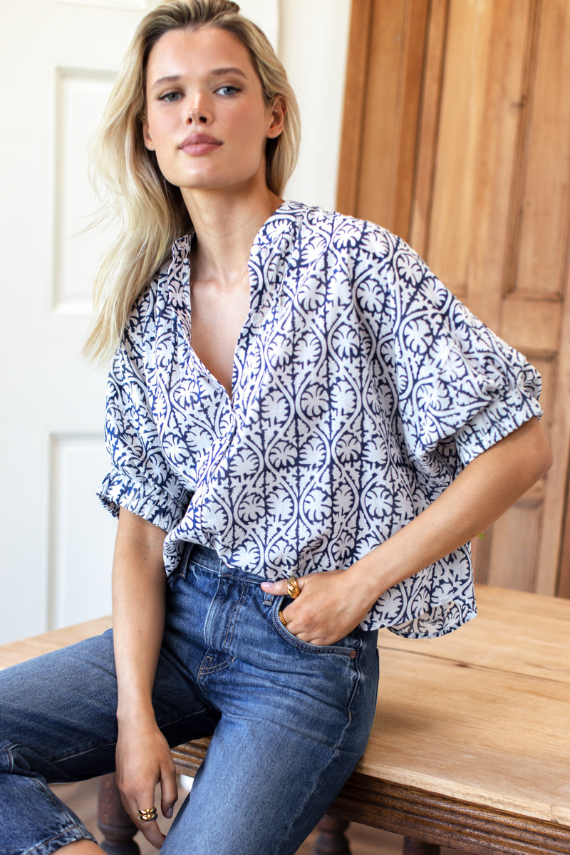 EMERSON FRY Mandarin Collar Top in Etoile Vine Indigo Organic