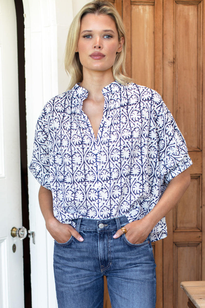 EMERSON FRY Mandarin Collar Top in Etoile Vine Indigo Organic