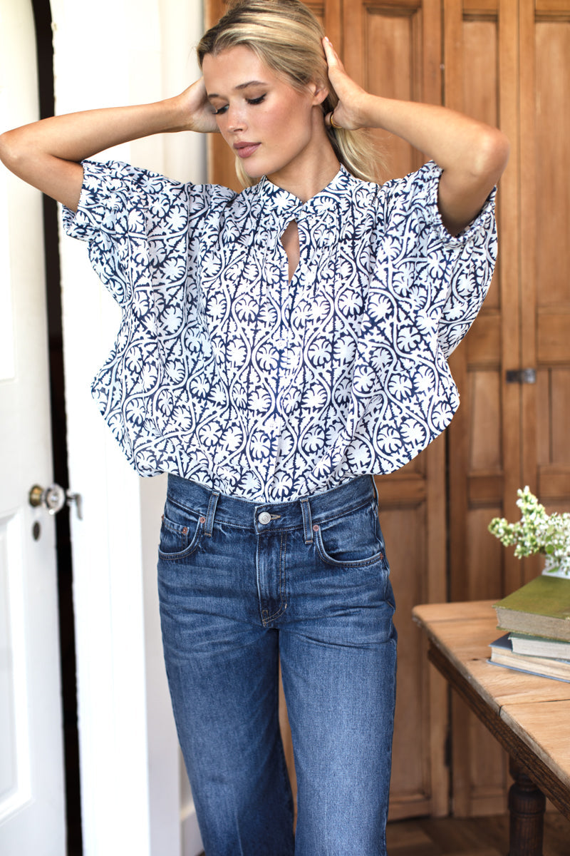 EMERSON FRY Mandarin Collar Top in Etoile Vine Indigo Organic