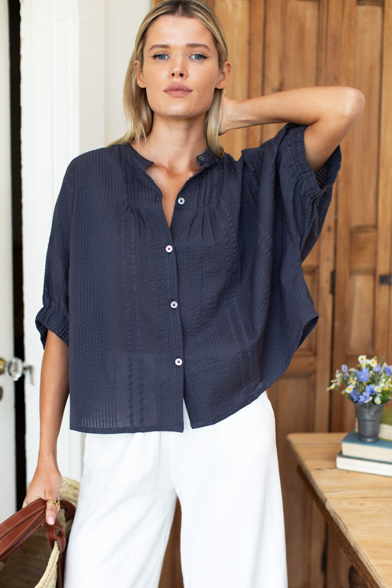 EMERSON FRY Mandarin Collar Top in Midnight Seersucker Organic