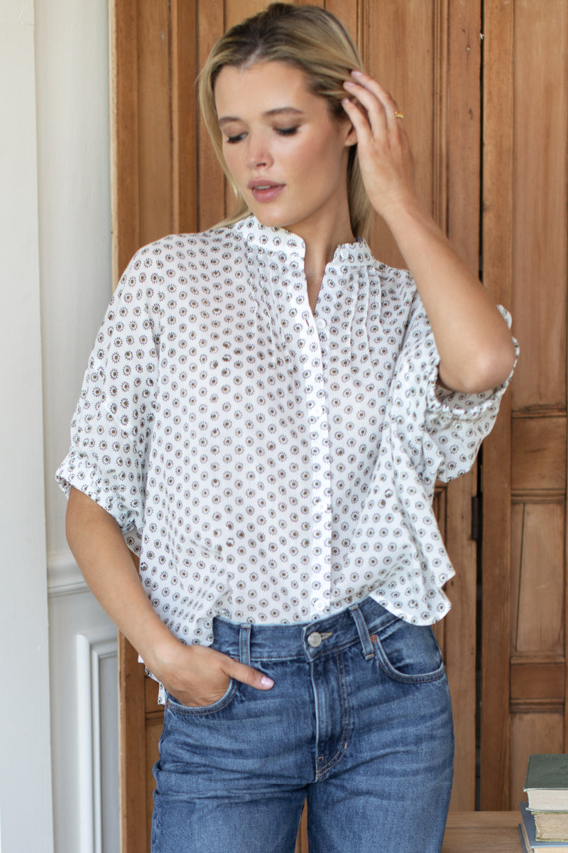 EMERSON FRY Mandarin Collar Top in Signet Olive Organic