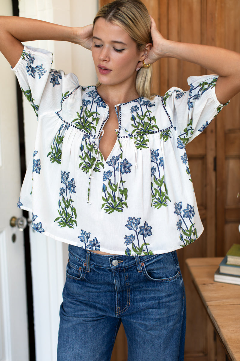 EMERSON FRY Puff Isla Top in Clematis Flowers + Midnight Embroidery Organic