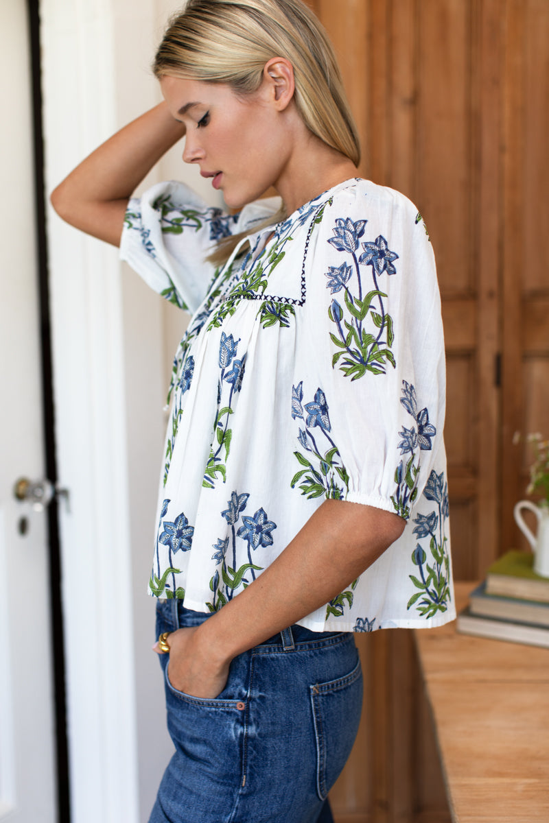 EMERSON FRY Puff Isla Top in Clematis Flowers + Midnight Embroidery Organic