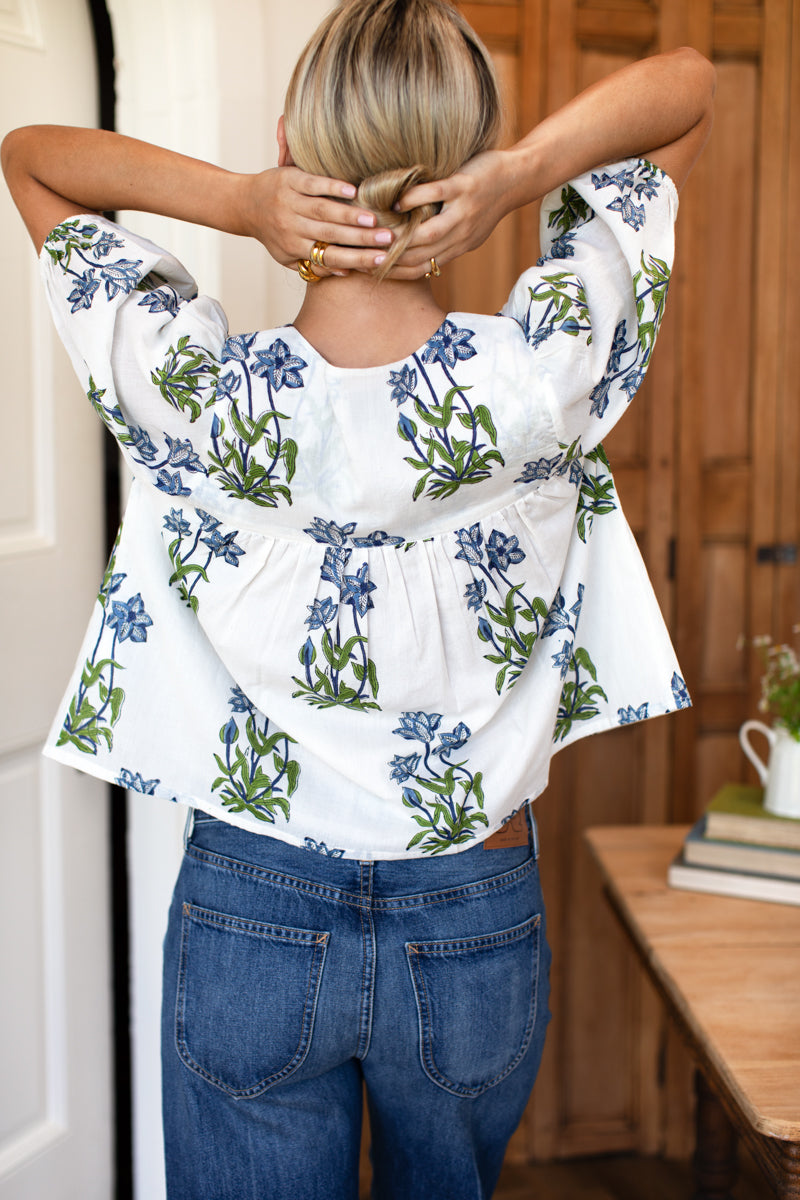 EMERSON FRY Puff Isla Top in Clematis Flowers + Midnight Embroidery Organic