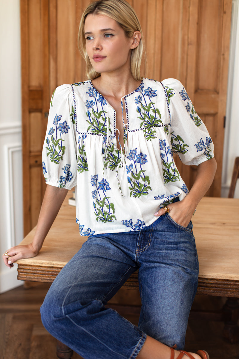 EMERSON FRY Puff Isla Top in Clematis Flowers + Midnight Embroidery Organic