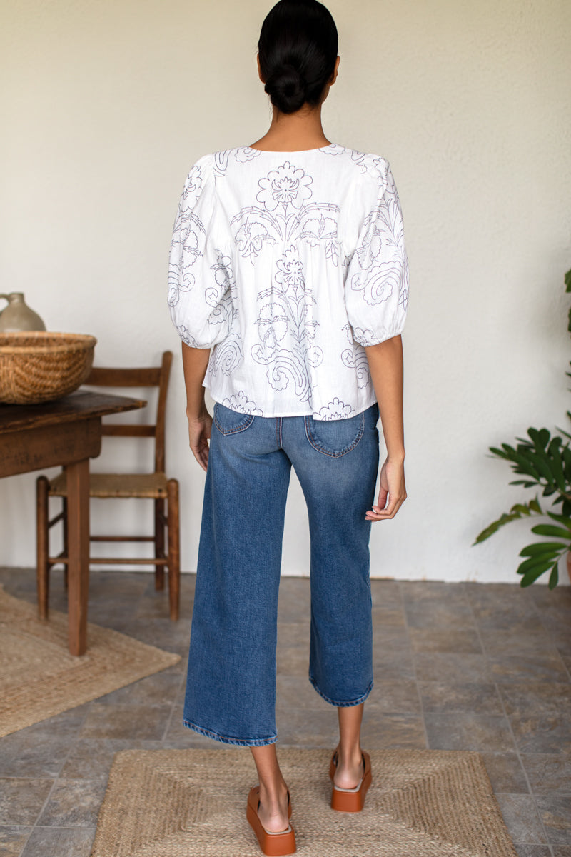EMERSON FRY Puff Isla Top in Maeve Outline Indigo