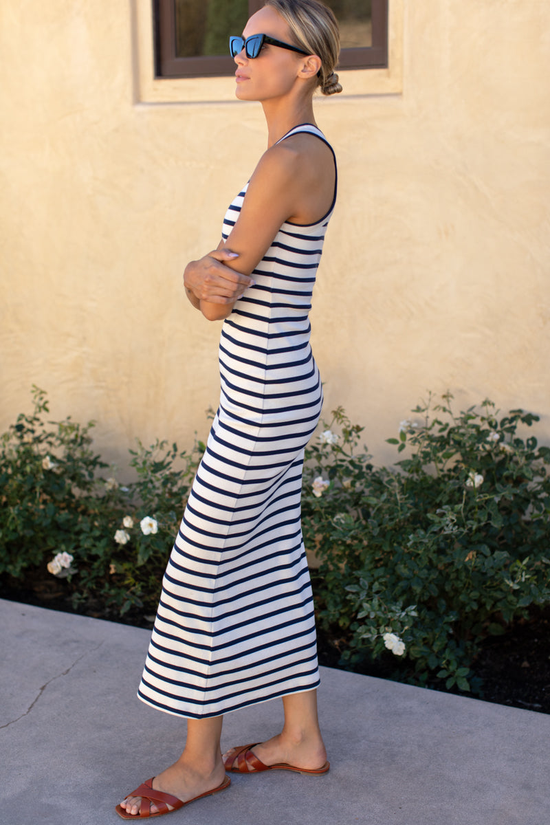 EMERSON FRY Racerback Tank Dress Maxi in Navy Stripe Rib