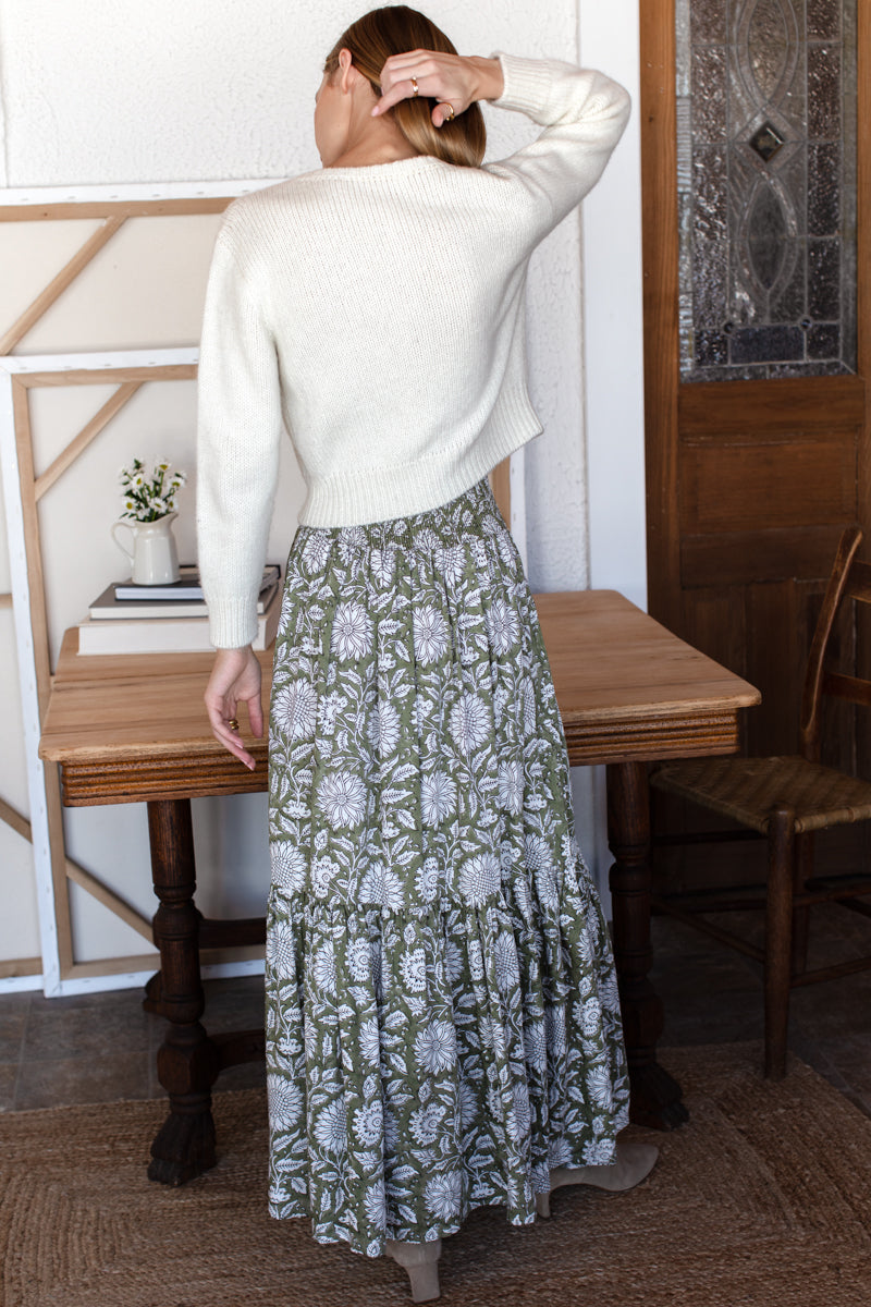 EMERSON FRY Shirred Skirt in Arles Gothic Olive