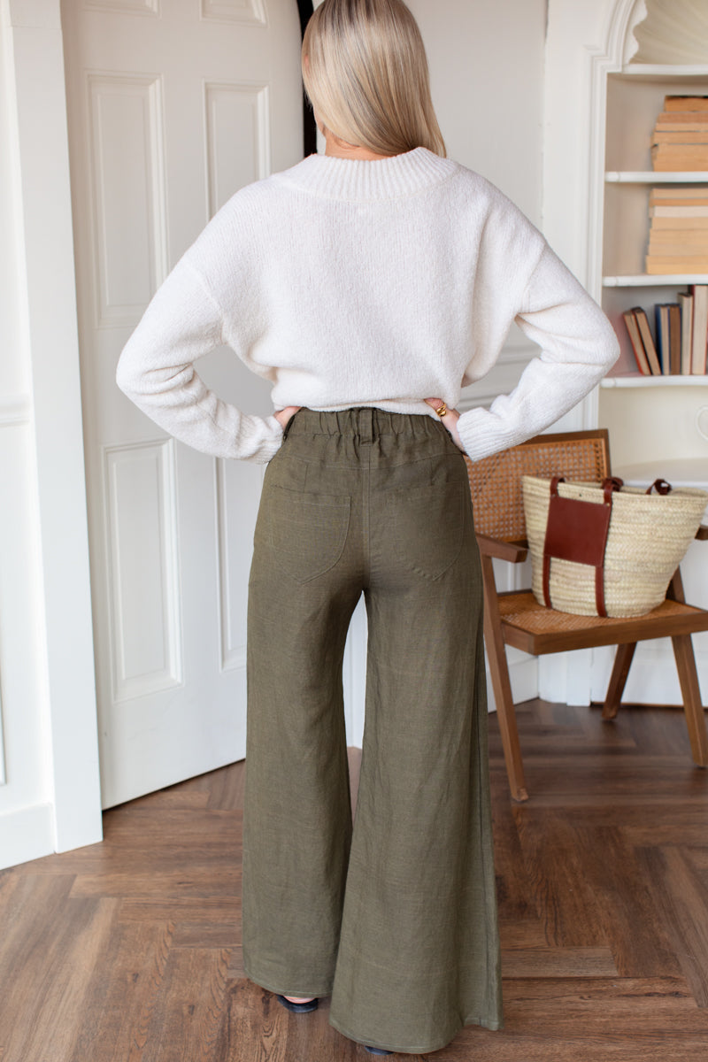 EMERSON FRY Tulip Wide Leg in Martini Olive Linen