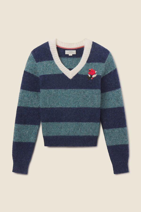 Birds of Paradis by Trovata Chalet V-Neck Sweater in Indigo Stripe