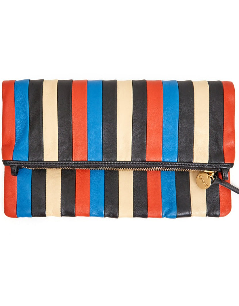 Clare V. Foldover Clutch w/ Tabs Multi Striped Nappa