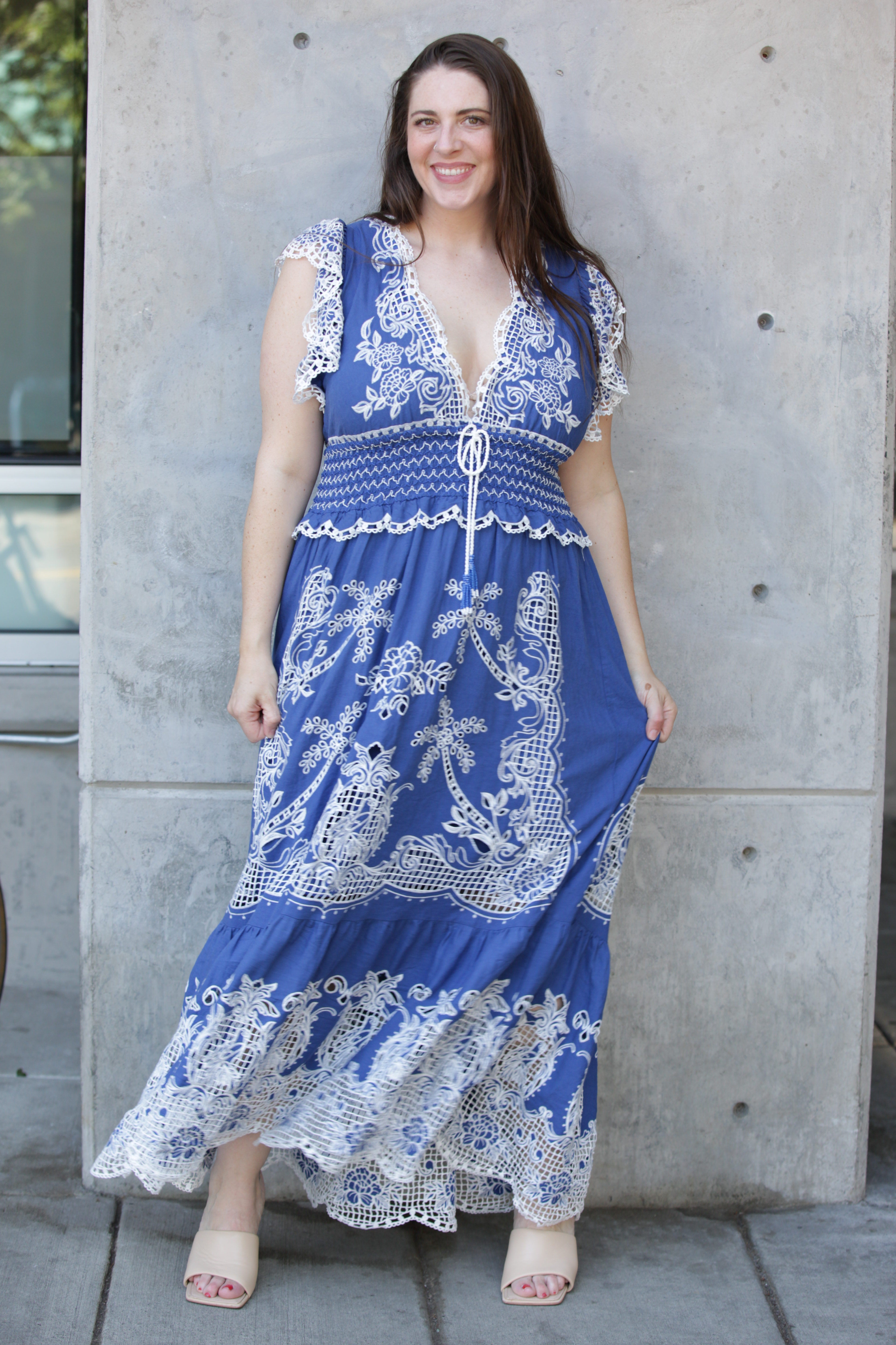 FARM Rio Women's Blue Romantic Richelieu Maxi Dress | XL FARM Rio Women's Blue Romantic Richelieu Maxi Dress | XL