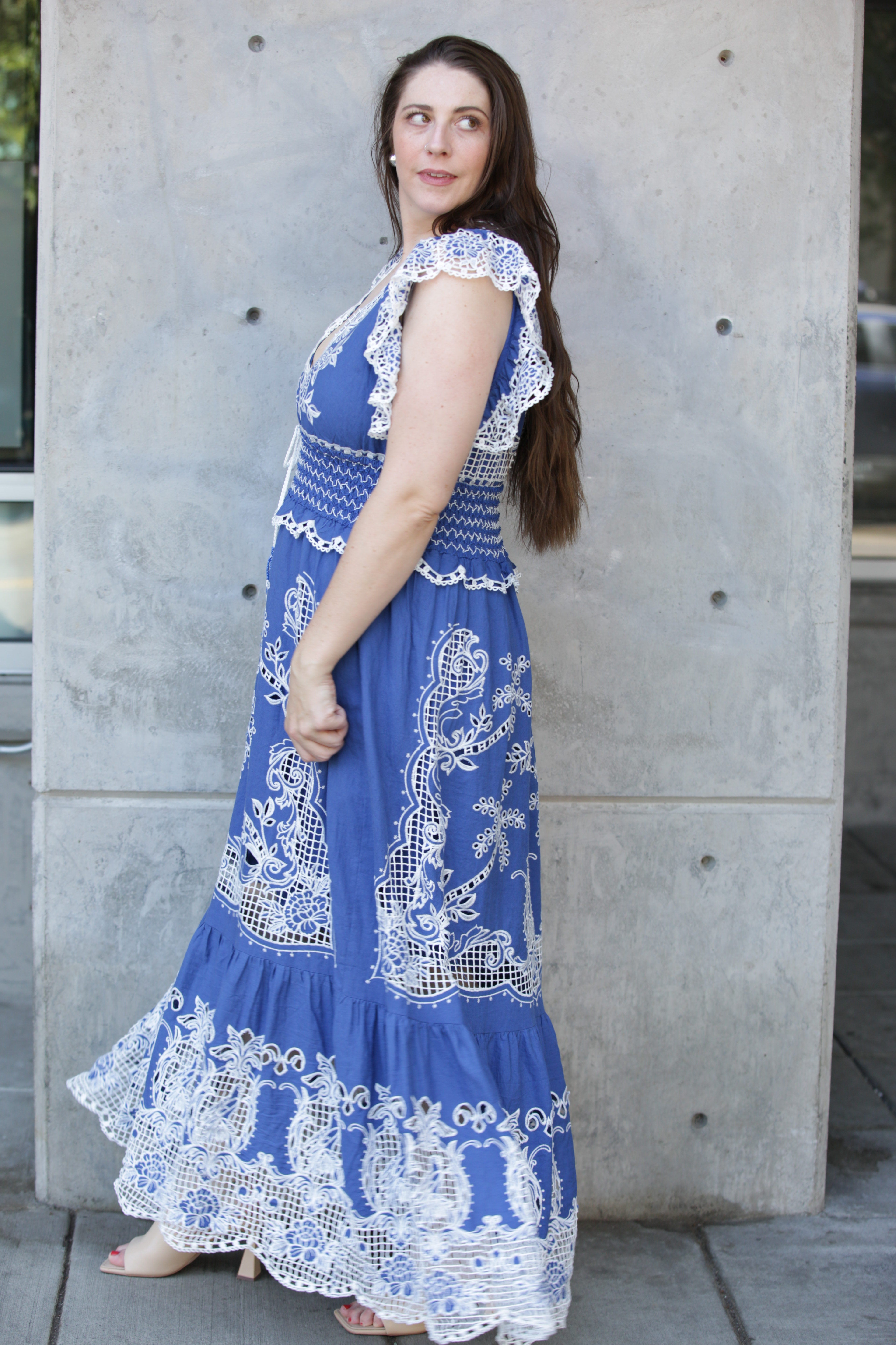 FARM Rio Women's Blue Romantic Richelieu Maxi Dress | XL FARM Rio Women's Blue Romantic Richelieu Maxi Dress | XL