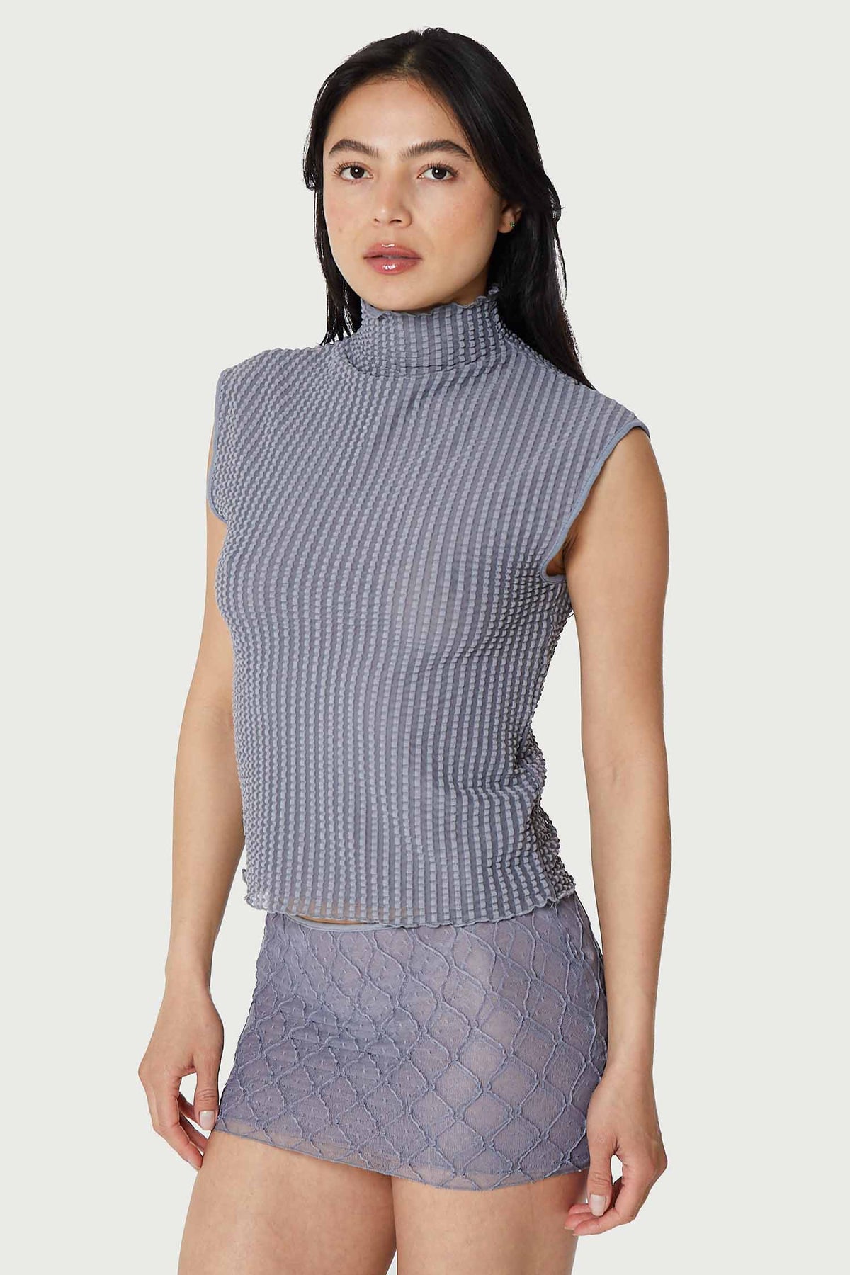 Find Me Now Addison Seersucker Cap Sleeve Mock Neck Slate Grey