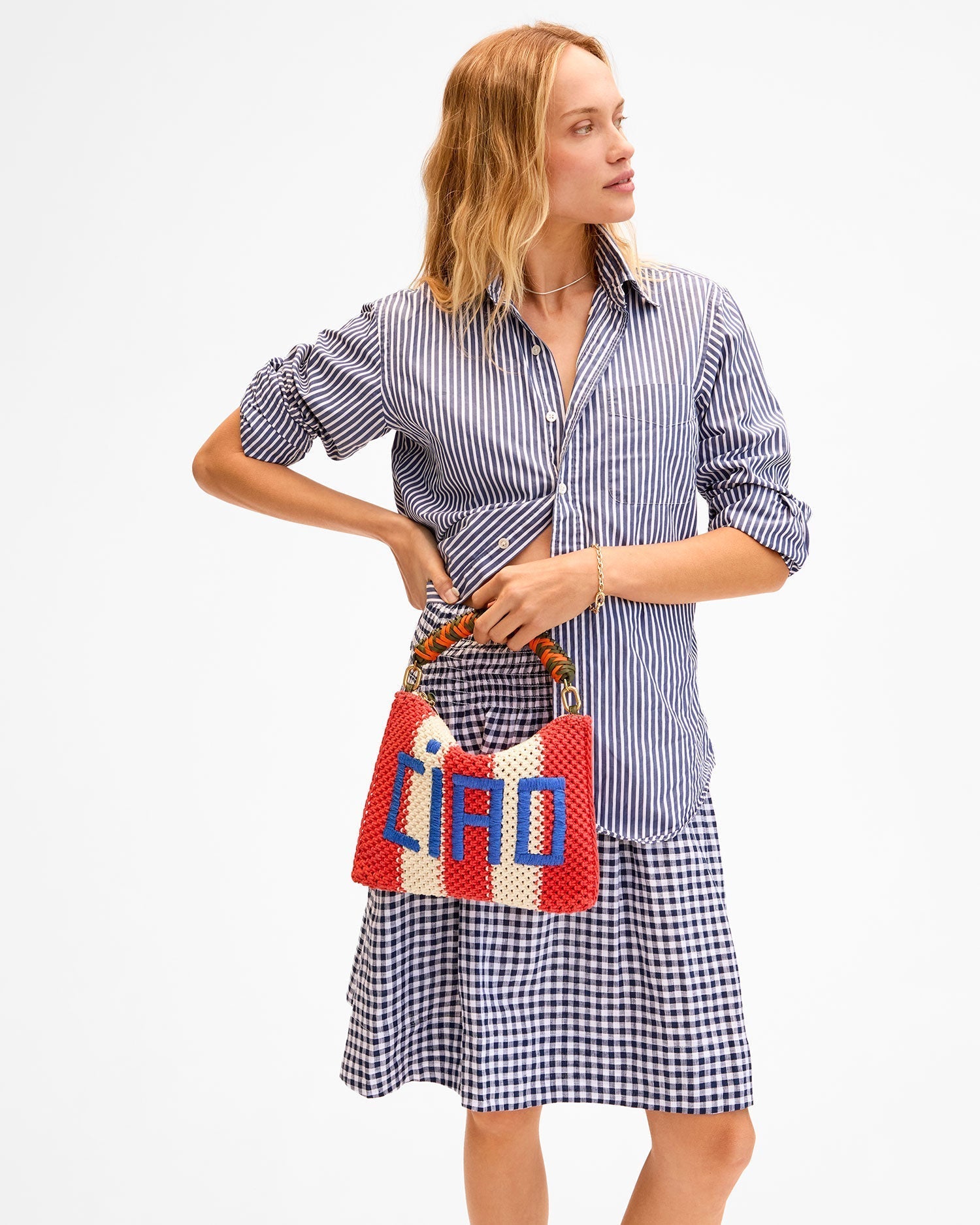 Clare V. Flat CIAO Clutch w/ Tabs Cream and Bright Poppy