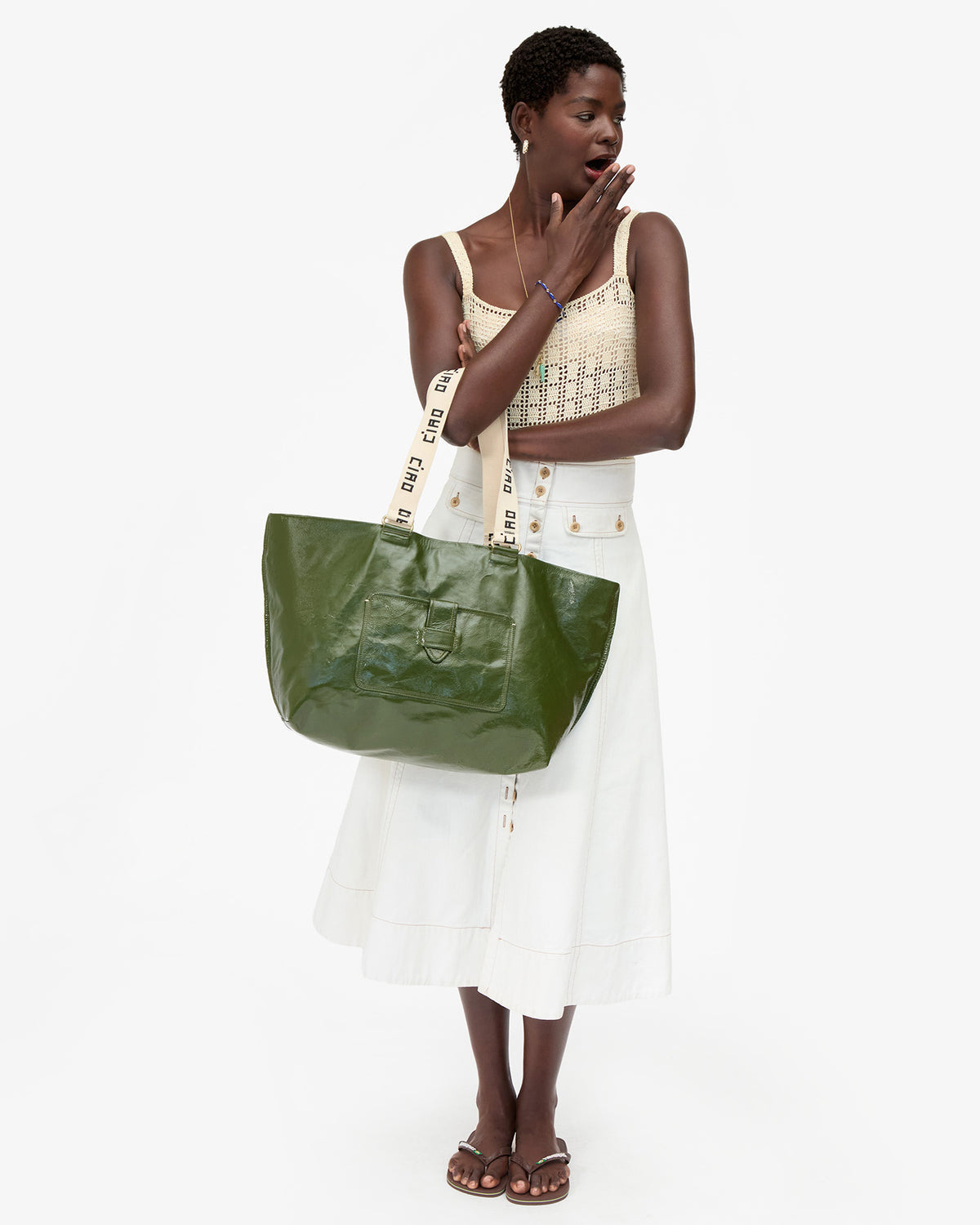 Clare V. Grande Bateau Tote - Crinkle Patent in Army