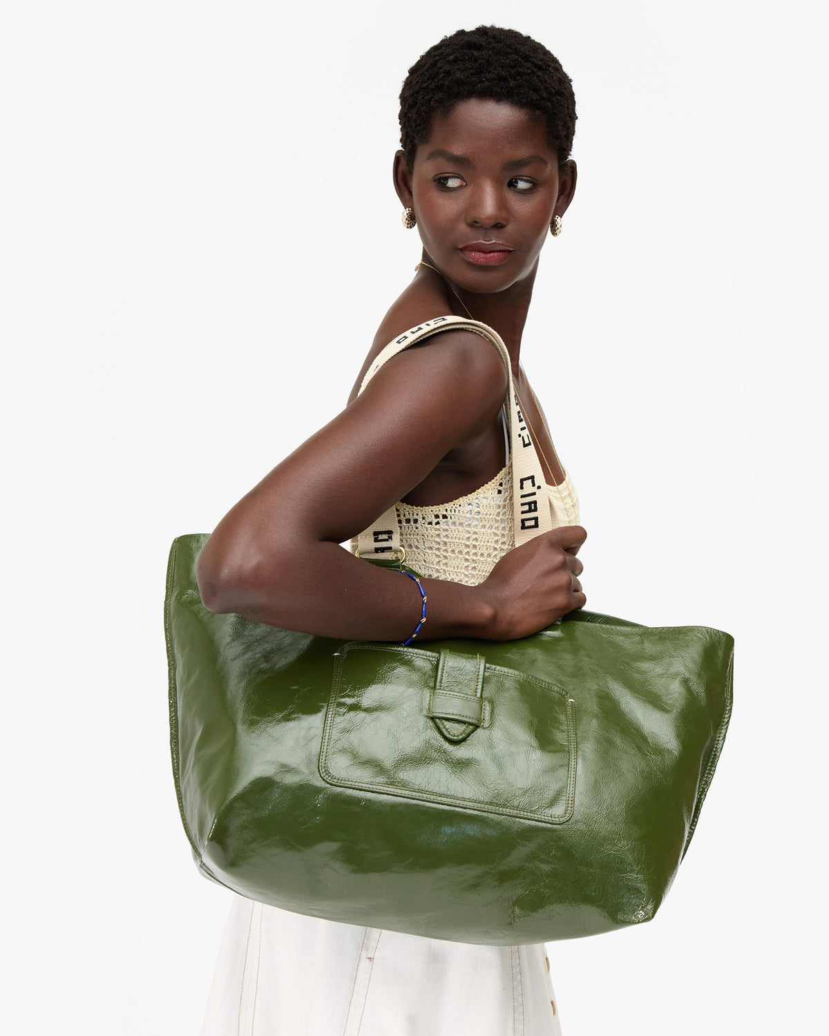 Clare V. Grande Bateau Tote - Crinkle Patent in Army