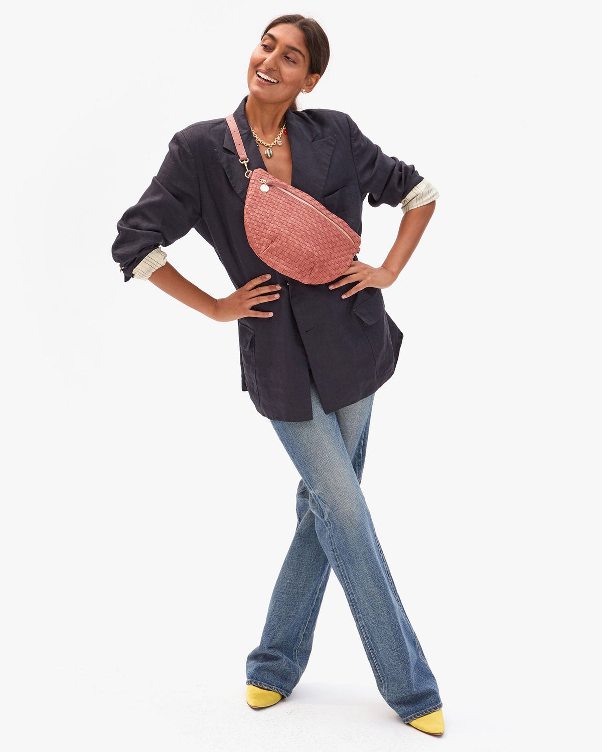 Clare V. Woven Checker Grande Fanny in Rose Clay