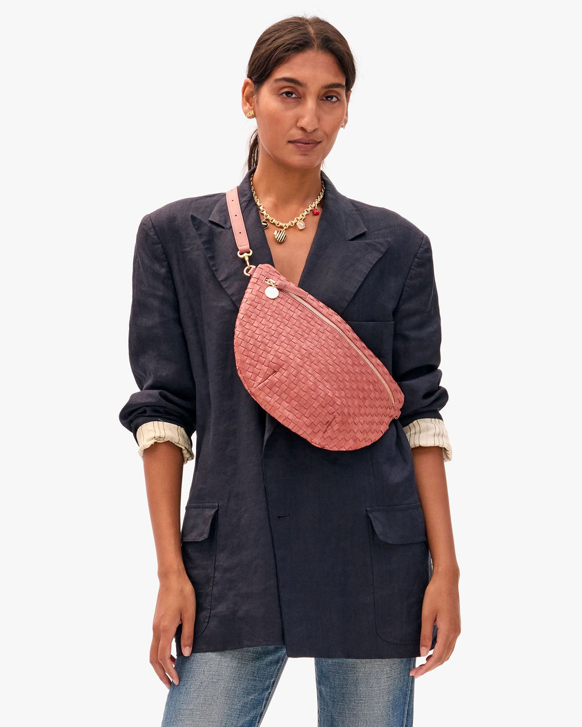 Clare V. Woven Checker Grande Fanny in Rose Clay