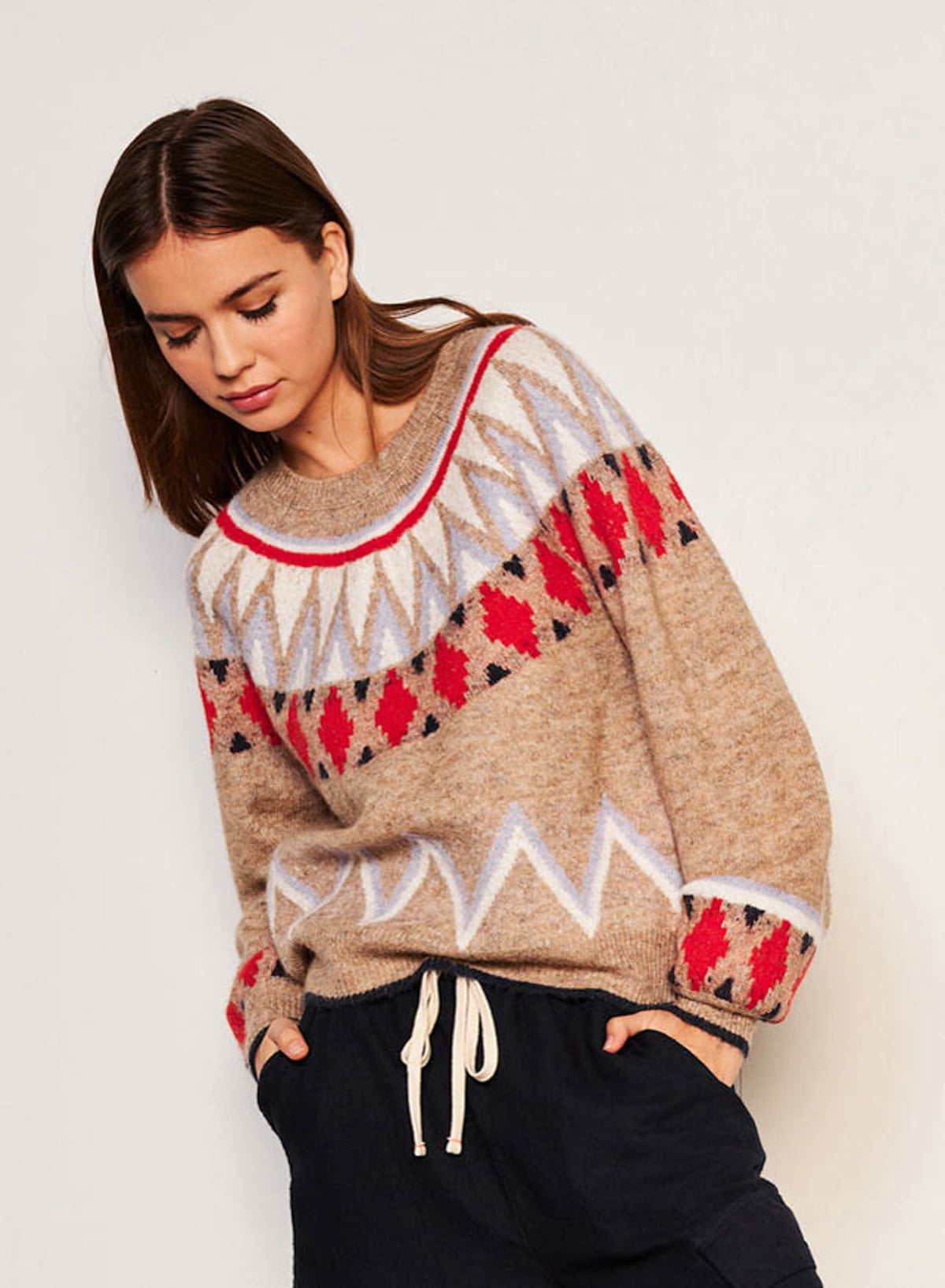 Sundry Fairisle Crew Neck Sweater in Taupe