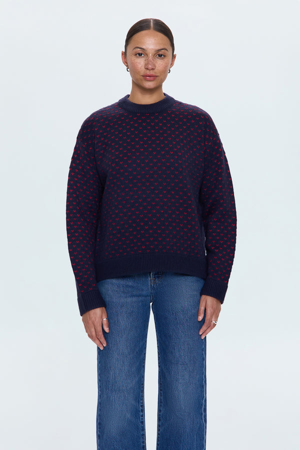 PISTOLA Hanna Oversized Heart Sweater in Navy Red Hearts