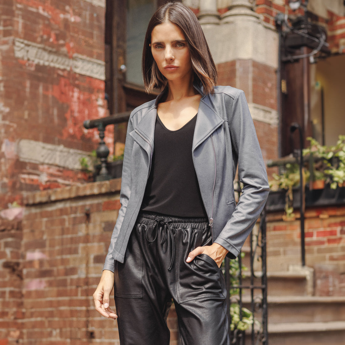 Clara Sunwoo Liquid Leather Signature Knit Jacket Charcoal