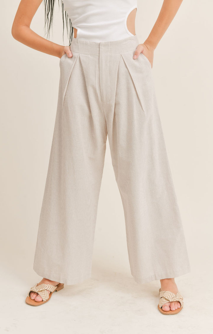SAGE THE LABEL Traveler Pleated Wide Leg Pants Taupe White