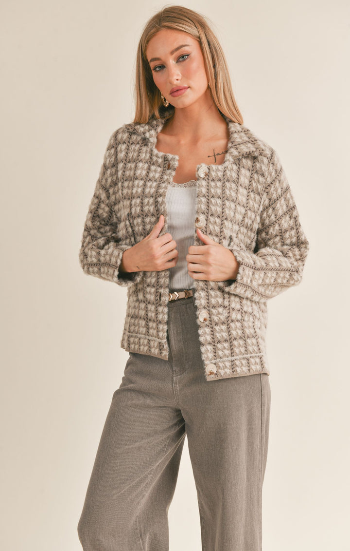 SAGE THE LABEL Indira Houndstooth Sweater Jacket Brown Multi