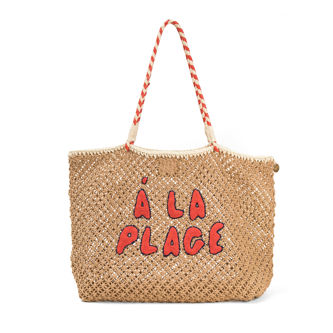 Clare V. Lete Tote Tan Crochet with Navy and Poopy