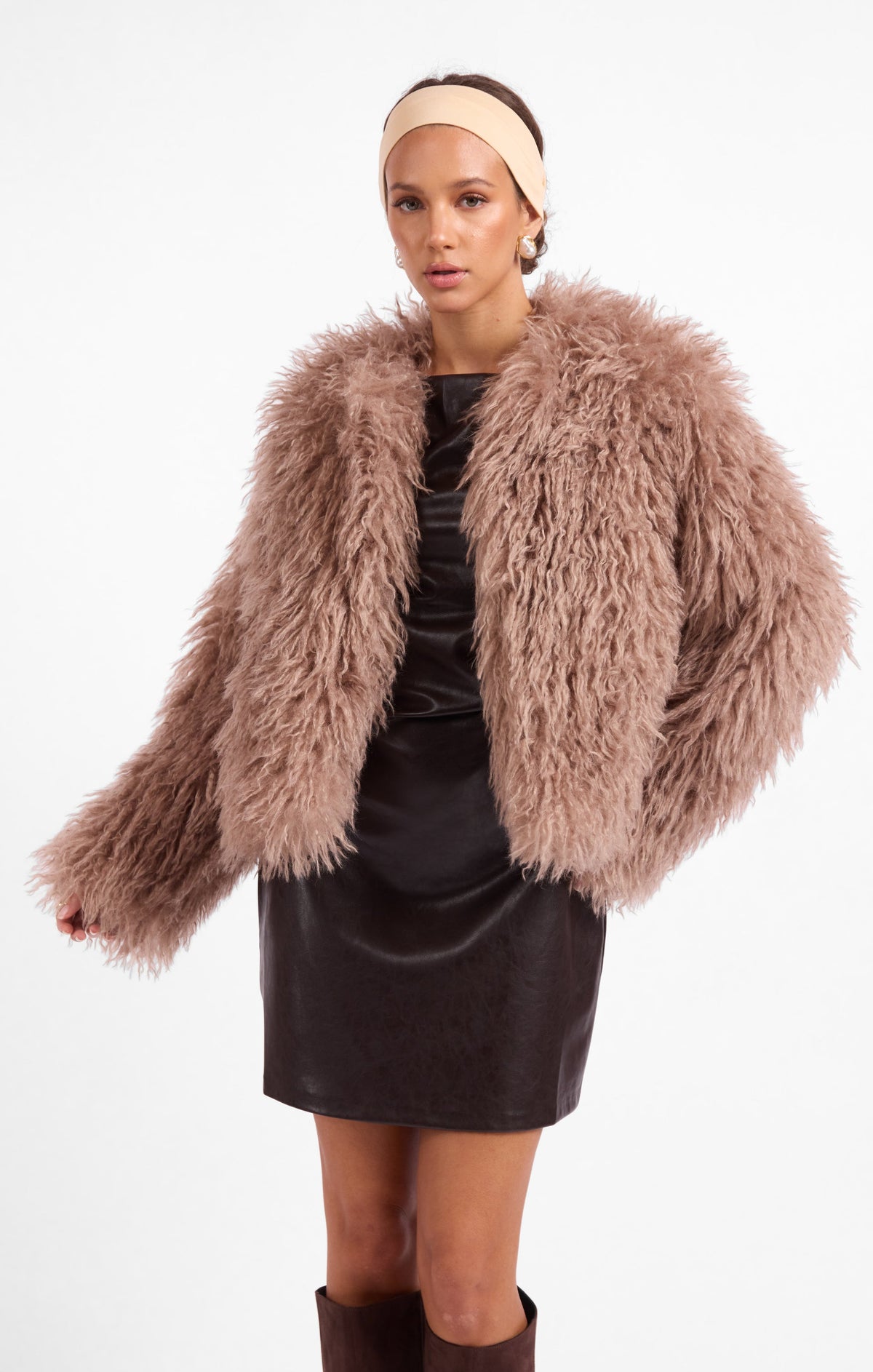 SAGE THE LABEL Deep Woods Cropped Vegan Fur Jacket in Taupe
