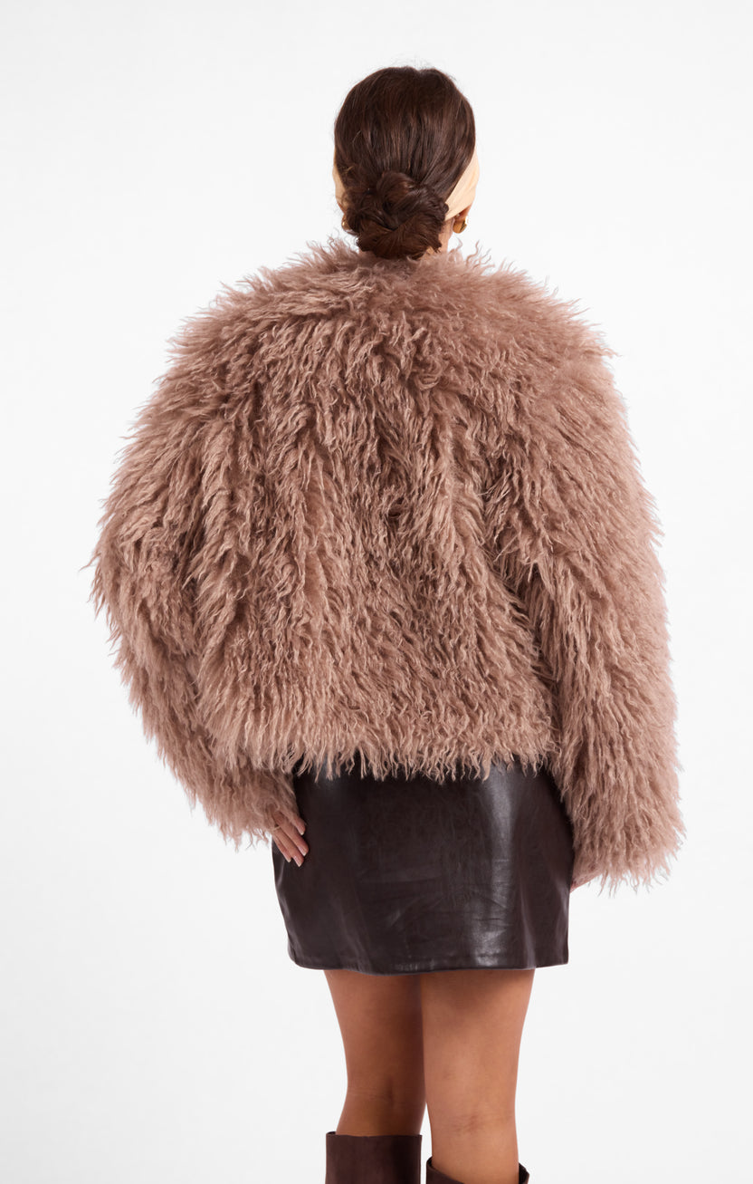 SAGE THE LABEL Deep Woods Cropped Vegan Fur Jacket in Taupe