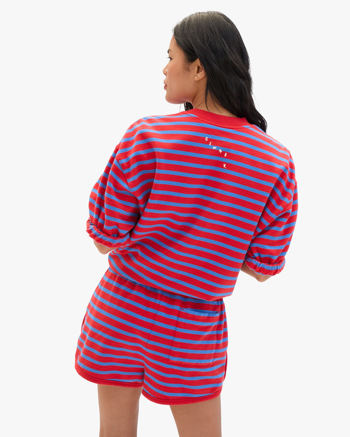 Clare V. Short Sleeve Oversized Sweatshirt - Stripes in Red/Bright Cobalt