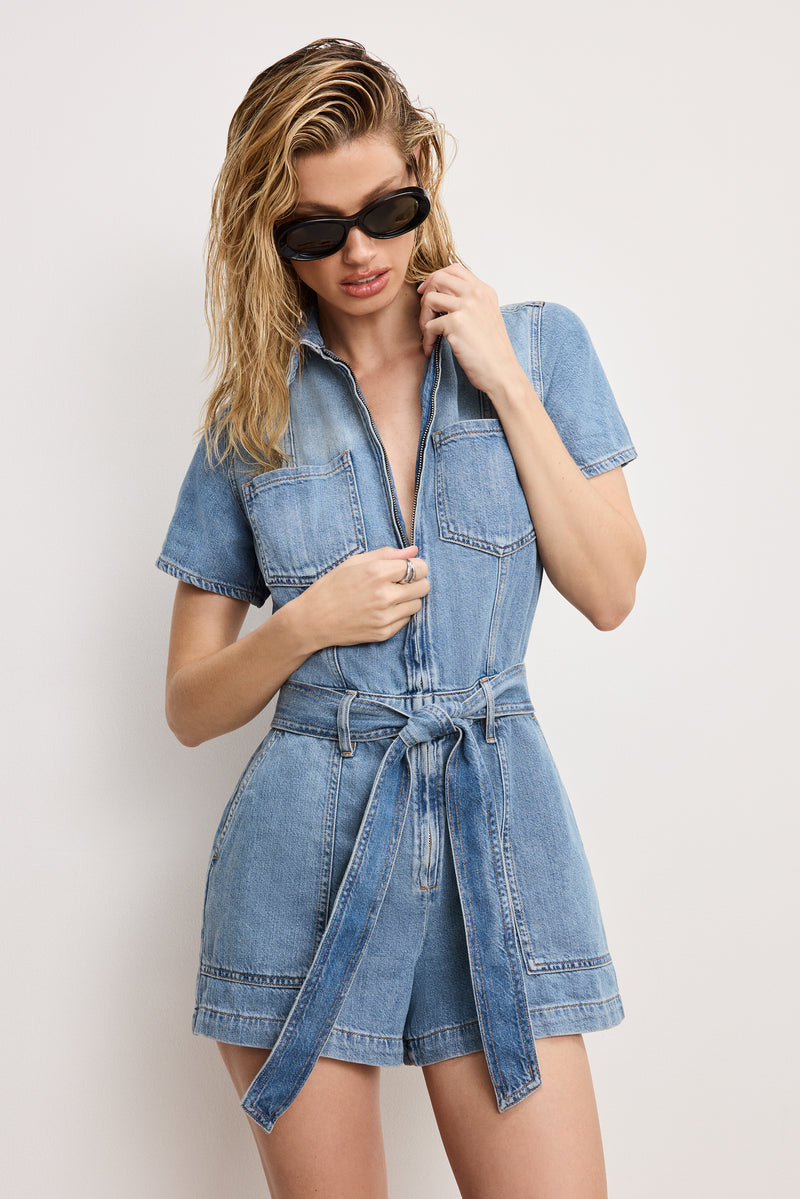 Good American Fit For Success Lite Linen Denim Romper - Adorn