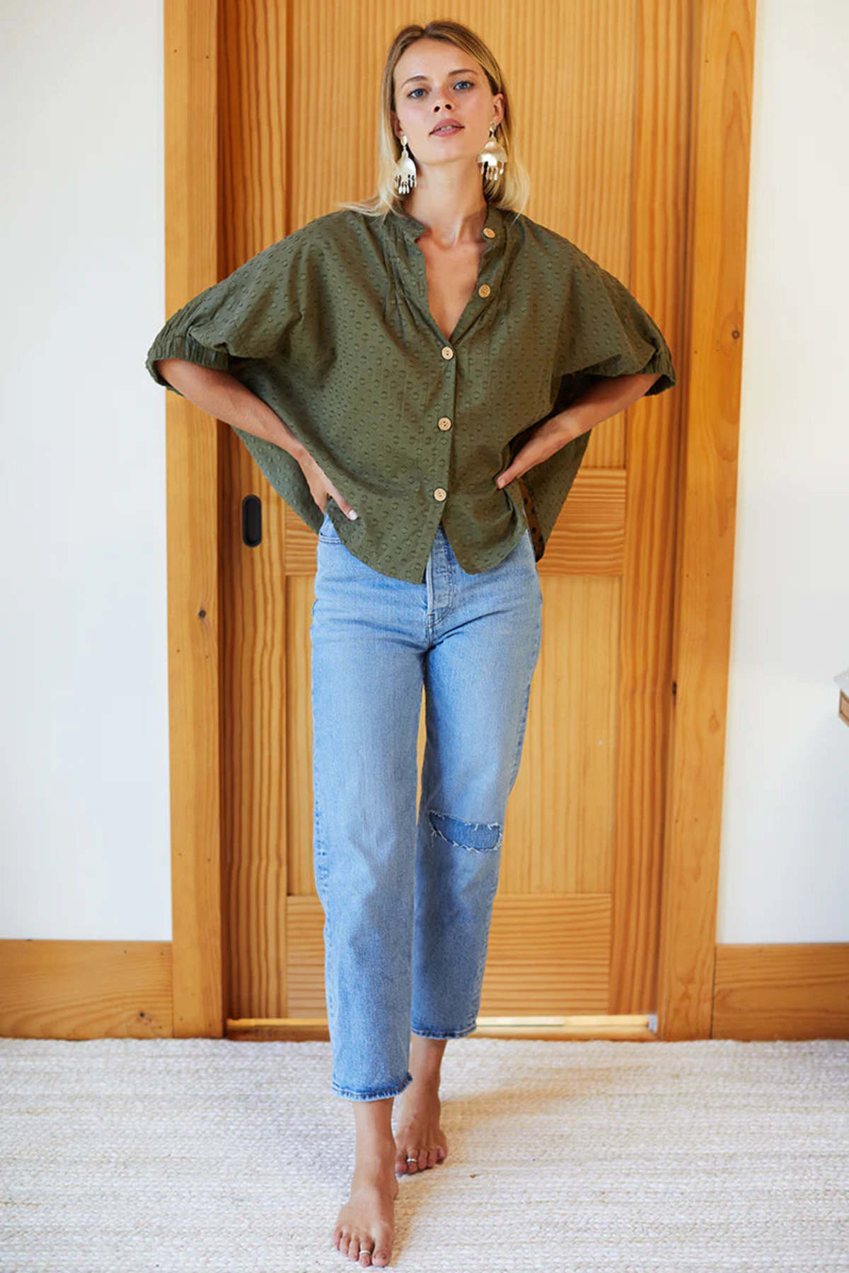 EMERSON FRY Mandarin Collar Top in Moss Swiss Dot Organic