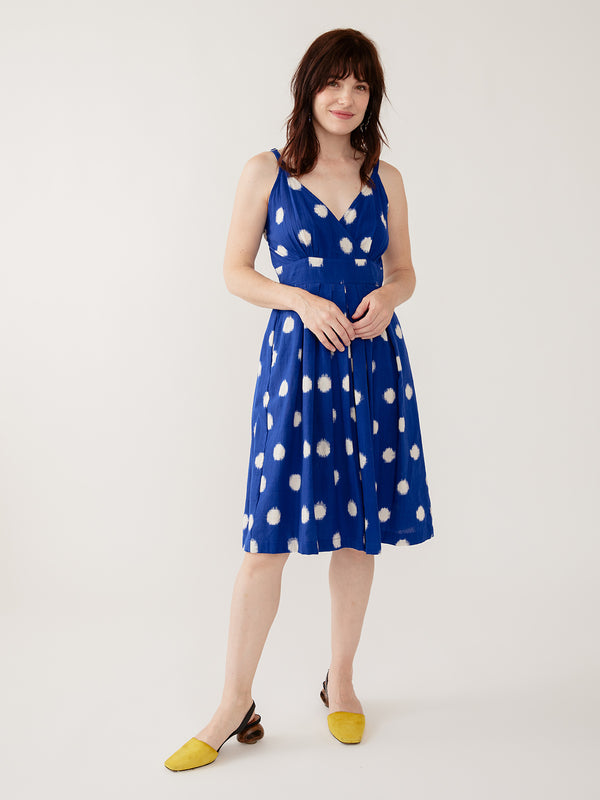 Mata Traders Lola Dress in Blue Polka Dot Ikat