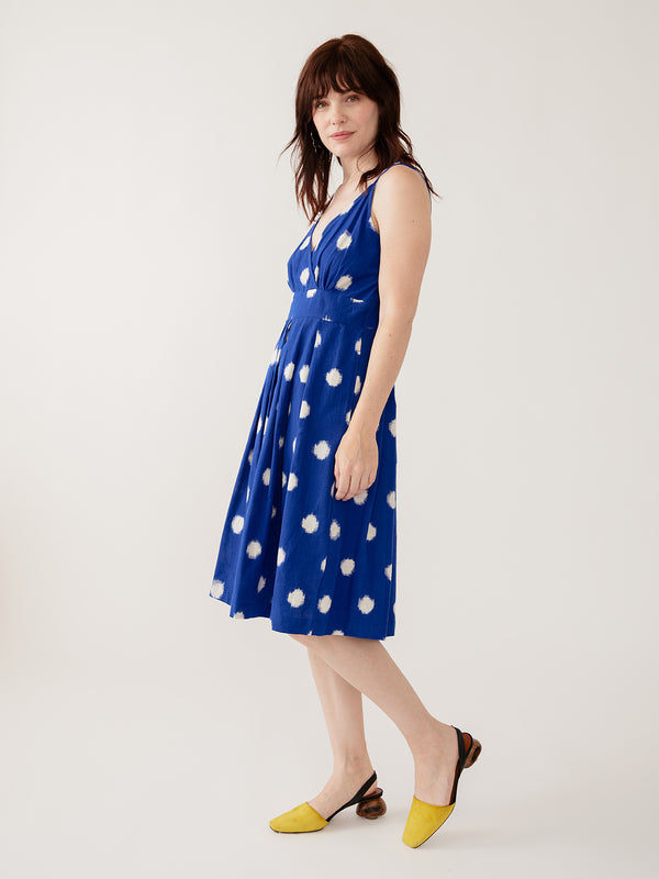 Mata Traders Lola Dress in Blue Polka Dot Ikat