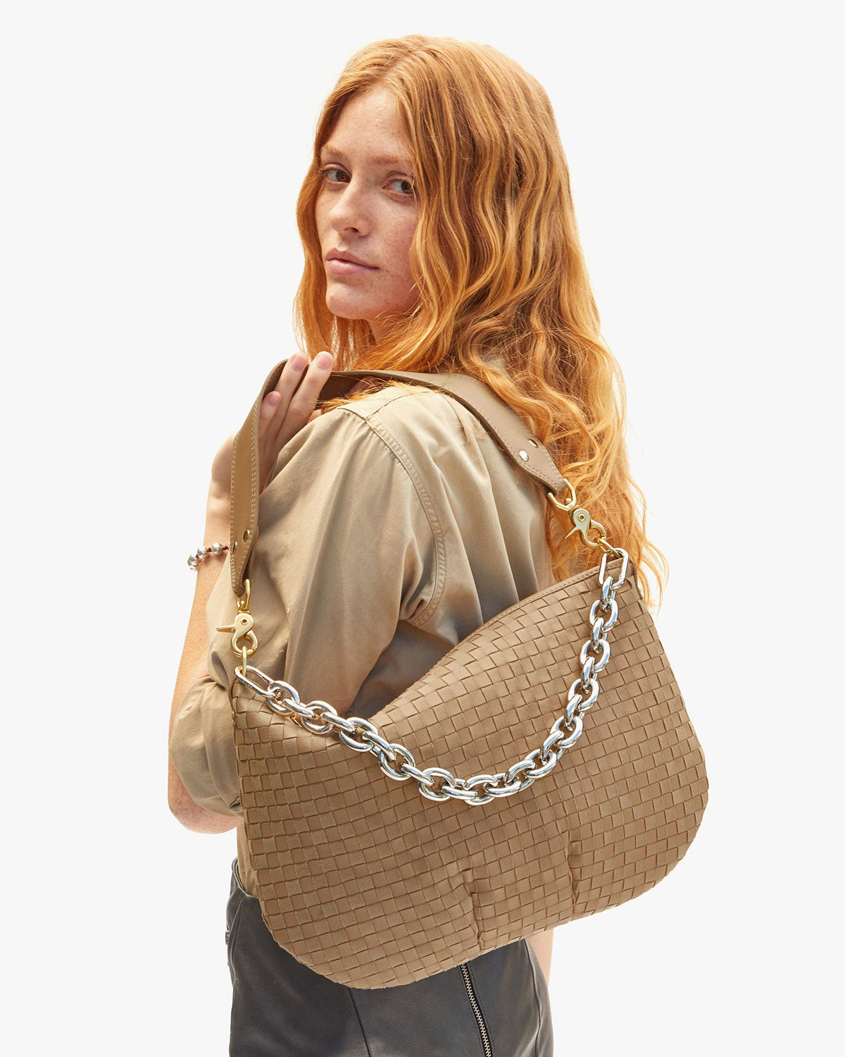 Clare V. Moyen Messenger Clay Nappa &amp; Suede Woven Checker