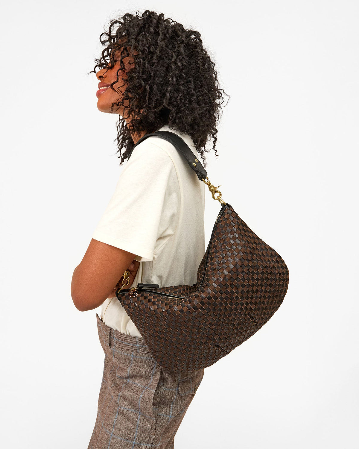 Clare V. Moyen Messenger Black/Chocolate Leather &amp; Suede Woven Checker