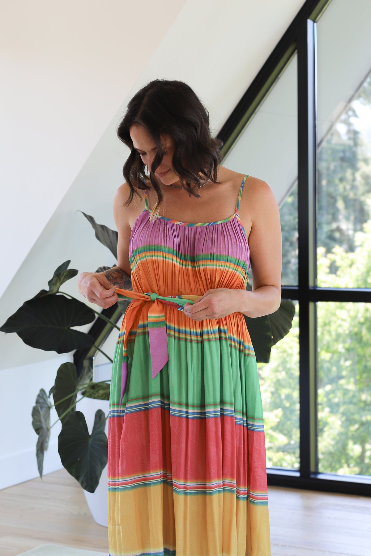 NYLAND Kamari Color Block Pleated Cami Midi Dress